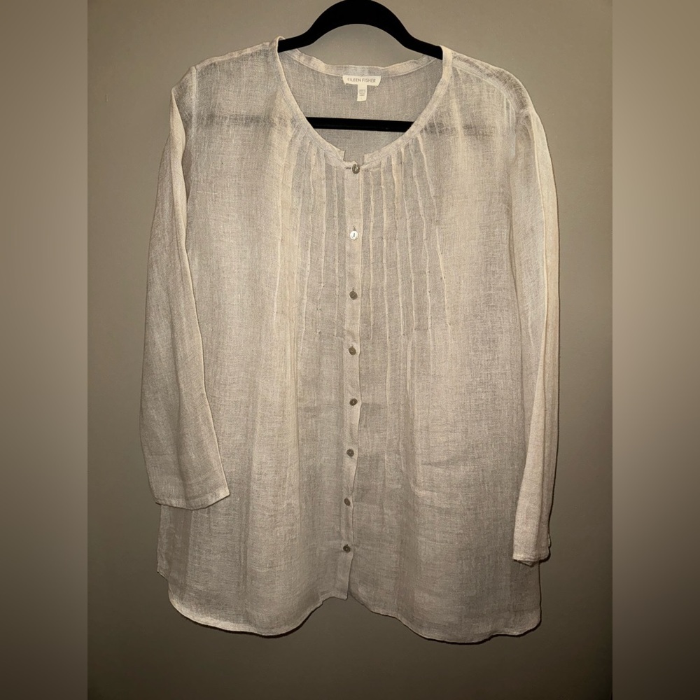 Eileen Fisher 100% Linen Pintuck Pleated Button Front Tunic Top Neutral Large - Picture 2 of 4